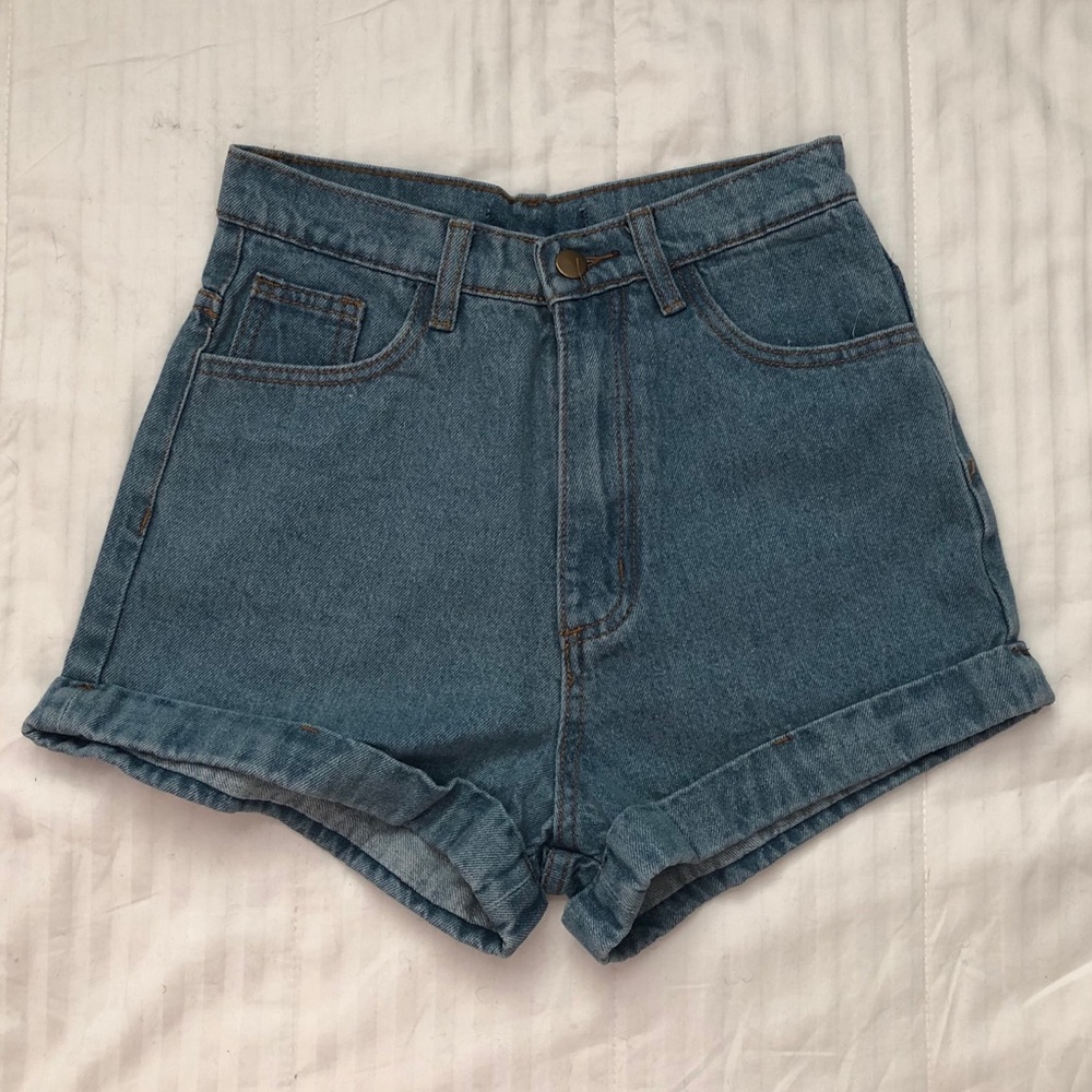Blue High-waisted Cuffed Denim Shorts